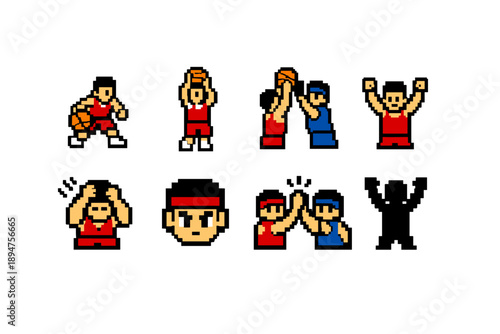 Pixel art basketball player sprite set showing dribbling, shooting, dunking, cheering, high-fiving, facial portrait, and silhouette celebration poses