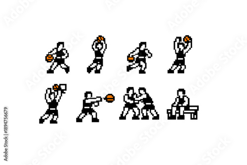 Pixel art basketball player sprite sheet showing dribbling, shooting, passing, defending, dunking, and bench sitting animation frames