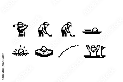 Pixelated golf icons depicting swing, putting, rolling ball, sand bunker, water splash, trajectory arc, and celebrating golfer in retro monochrome style