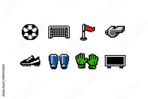 Pixel art soccer and sports equipment icons set featuring ball, goal, corner flag, whistle, cleats, shin guards, goalkeeper gloves, and screen display