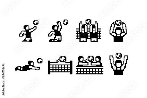 Retro pixel art volleyball action icons showing serving, spiking, blocking, diving, net play, and celebrating players in minimalist monochrome style