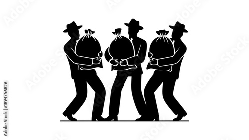 Silhouettes of four men carrying large bags of money.