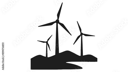 Three wind turbines stand on a hill against a white background.