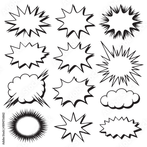 Collection of various black and white comic book explosion and speech bubbles