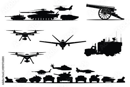Black Silhouettes of Military Vehicles and Equipment