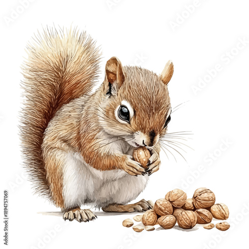 watercolor of Squirrel Gathering Nuts, vector, isolated on a white background.