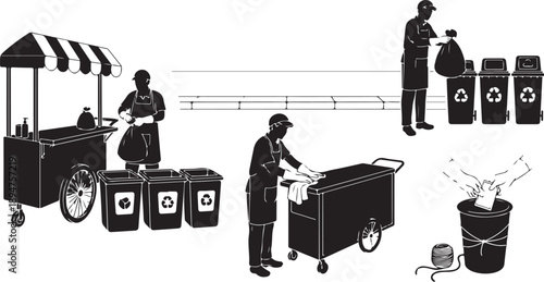 Recycling workers collecting and sorting waste in a city