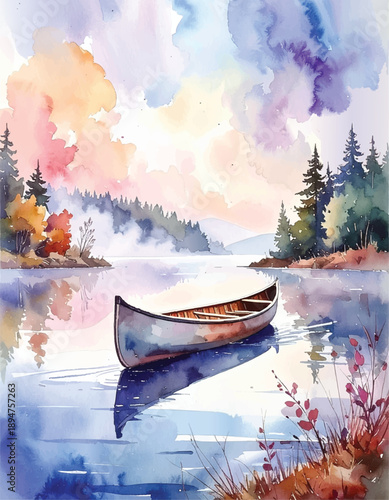 lake lanscape with canoe vector illustration in watercolor style