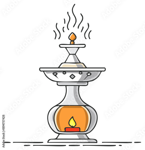 Traditional silver oil lamp with flame, decorative designs, and glowing light for religious ceremonies and cultural events.