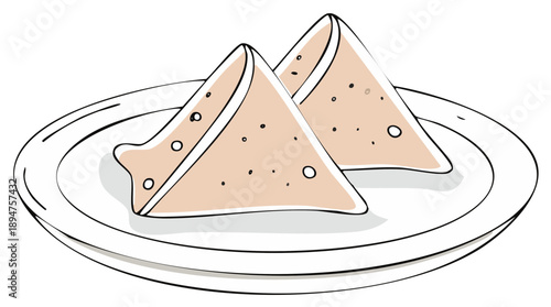 Two triangular Samosas on a plate Indian pastry illustration with black outline