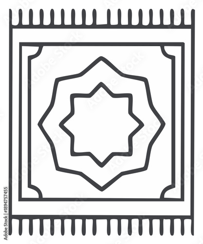 Traditional Prayer Mat or Rug Outline Drawing with Geometric Star Pattern and Fringe Borders