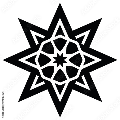Geometric black and white star design with symmetrical patterns. Islamic art and design icon.
