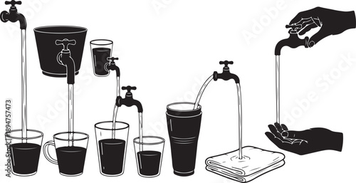 Black liquid pouring from taps into various sized glasses