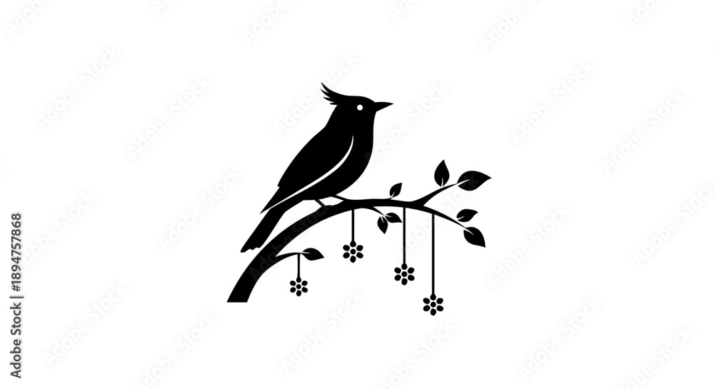 Fototapeta premium Vector illustration of a black bird silhouette perched on a winter tree branch featuring a detailed beak and wing design for wildlife nature art