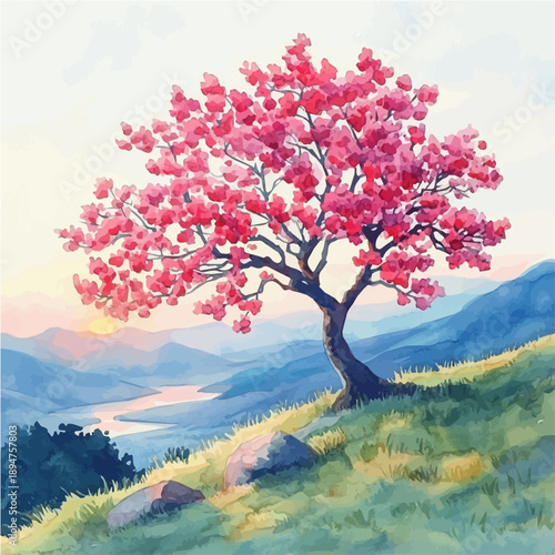 Spring Sunrise, watercolor vector, isolated on a white background.