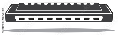 Stylized Black and White Harmonica Musical Instrument Icon with Shadow