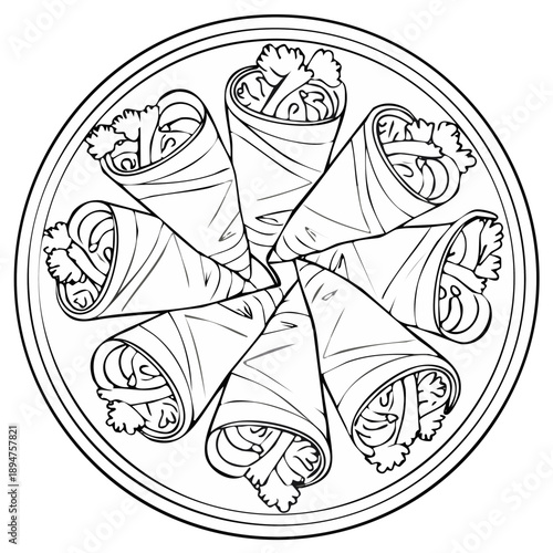 Circular arrangement of hand drawn spring rolls filled with vegetables and herbs on a plate