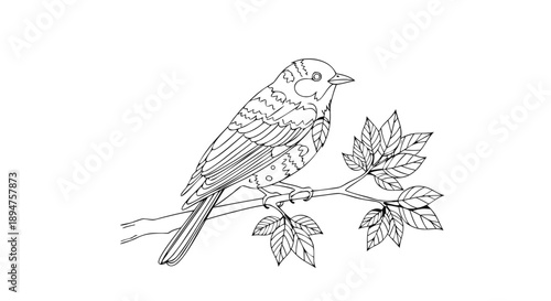 Hand drawn vector illustration of a cute sparrow bird with a detailed beak and wing perched on a floral nature branch with spring leaves and flowers