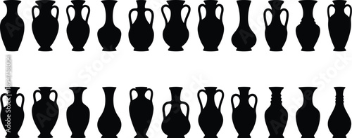 A stunning collection of black amphorae silhouettes in a graphic vector illustration, featuring a subtle texture, isolated on white with a transparent background