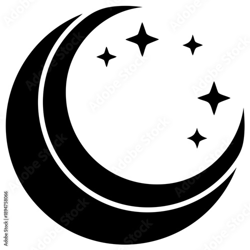 Crescent moon and stars cosmic night sky illustration, celestial vector icon for apps and design