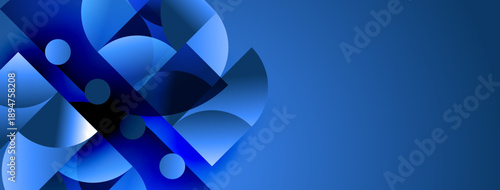 Abstract blue shapes overlap, creating dynamic composition. Gradient shades suggest depth, modern design aesthetic.
