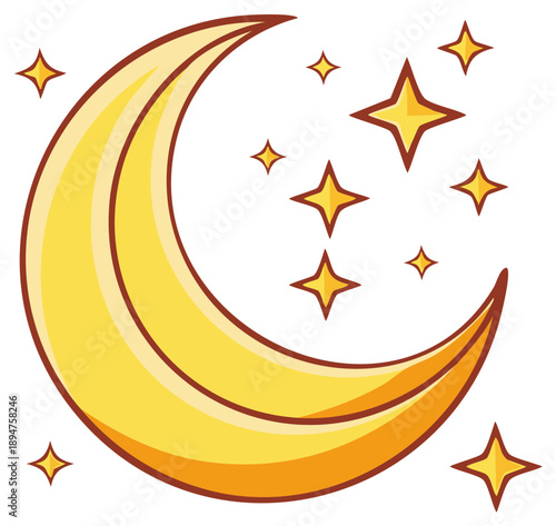 Whimsical yellow crescent moon and sparkling stars cartoon illustration for nighttime themes