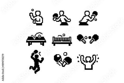 Pixel art sports icons set showing running, boxing, table tennis, swimming, and fitness movements in monochrome retro game style