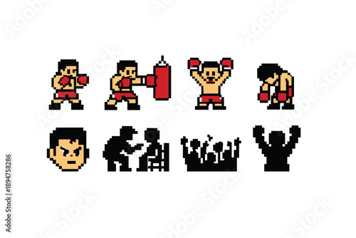 Pixel art boxer sprite set showing punching, training with heavy bag, victory pose, defeat slump, headshot portrait, crowd cheering silhouettes, and knockout shadow