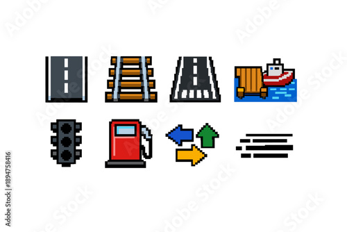 Pixel art transportation and traffic icons set featuring road, railway, highway, ferry boat, traffic light, fuel pump, direction arrows, and speed lines