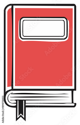 Stylized Red Hardcover Book with Blank Label and Bookmark