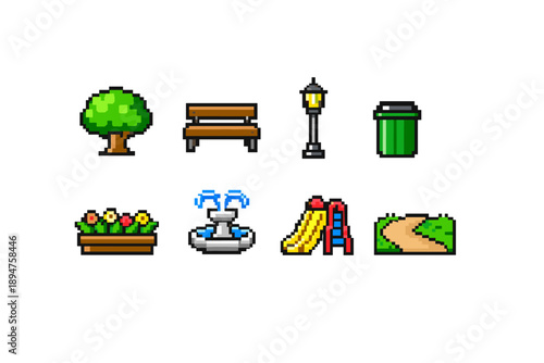 Pixel art park icon set featuring tree, bench, streetlamp, trash bin, flower planter, fountain, playground slide, and winding pathway