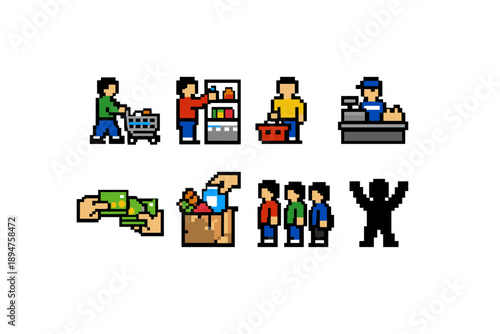 Pixel art supermarket shopping and checkout icons showing customer with cart, cashier at register, self-service and payment, queue, packing, and celebratory figure