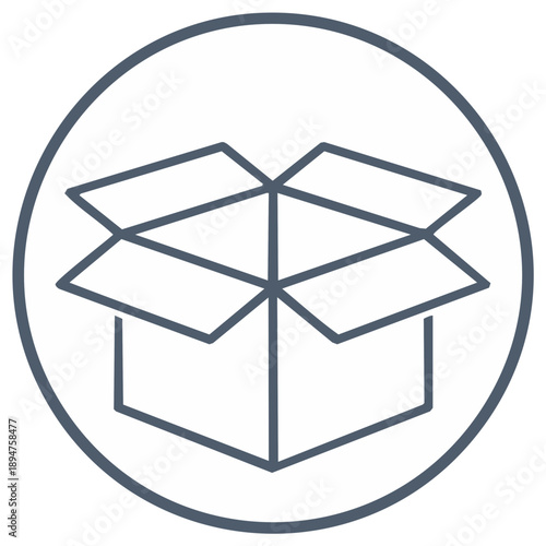Simple outline icon of an open cardboard box inside a circle