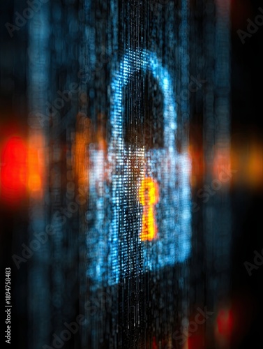 Cyber Security Padlock in Digital Matrix