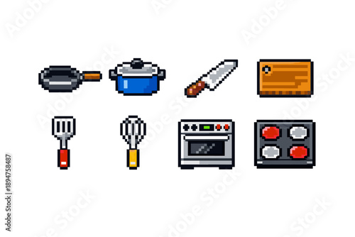 Pixel art kitchen cooking set with frying pan, pot, knife, cutting board, spatula, whisk, oven, and stovetop burners in retro game style