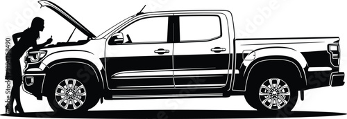 Pickup truck breakdown silhouette illustration, woman checking engine under open hood, roadside vehicle trouble concept, black and white graphic