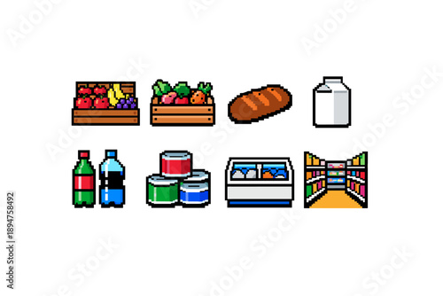 Pixel art grocery items including fruit crates, vegetable crate, bread loaf, milk carton, soda bottles, canned food, freezer case, and store aisle