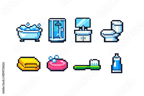 Pixel art bathroom hygiene set featuring bathtub, shower, sink mirror cabinet, toilet, soap bars, toothbrush, toothpaste, and folded towels
