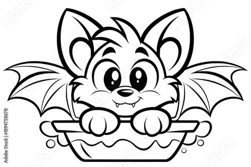 Cute cartoon bat character sitting in a bathtub with bubbles showing playful relaxation hygiene and cozy care with a sweet fantasy style for wellness and halloween concepts.