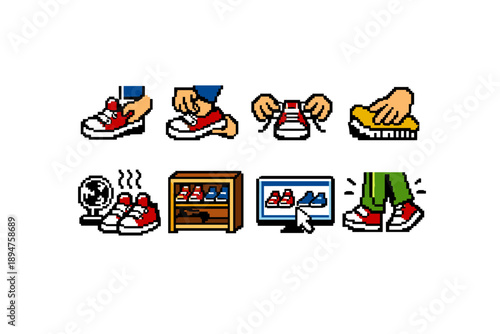 Pixel art instructions for sneakers: putting on shoes, lacing, tying, cleaning with brush, deodorizing, shopping online, and standing ready