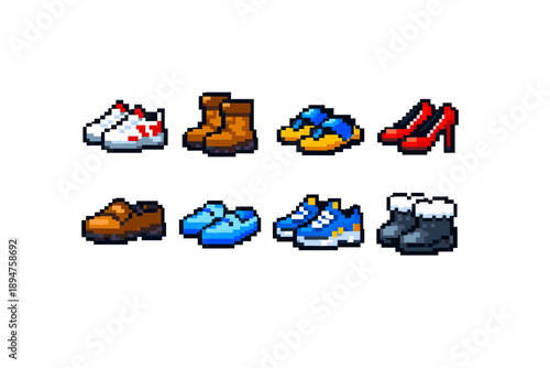 Pixel art set of assorted footwear icons including sneakers, boots, loafers, sandals, athletic shoes, winter shoes, and high heels on white
