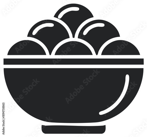 Stylized depiction of a bowl filled with spherical objects like meatballs or dumplings