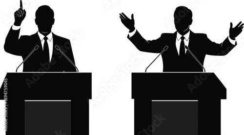 Political speech silhouette set, leader speaking at podium gestures, public address and leadership concept, black flat vector illustration