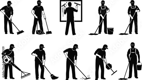 Professional cleaning workers silhouettes set, janitors using mop broom squeegee and tools, commercial cleaning service illustration isolated on white background