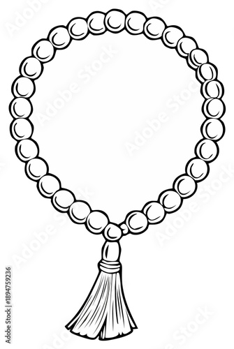 Black and white illustration of a mala prayer beads necklace with tassel.