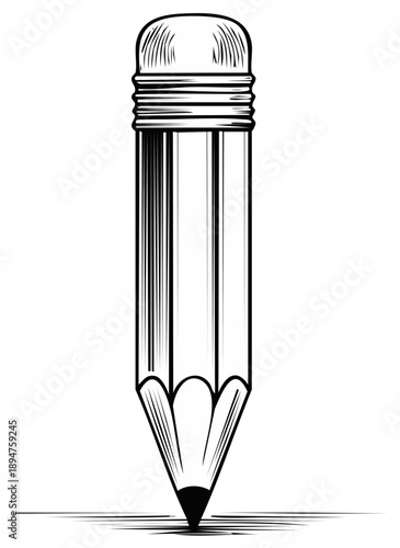 Sketchy Pencil with Eraser Nib and Shadow, Classic Writing Tool Illustration