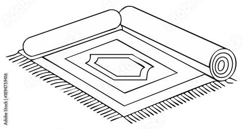 Rolled up geometric pattern rug illustration. Detailed drawing of carpet with fringe and design