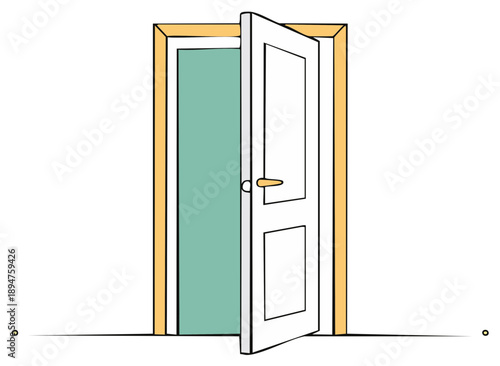 Open Door Cartoon Illustration, White Door with Gold Handle, Light Green Room Access, Home Interior Concept
