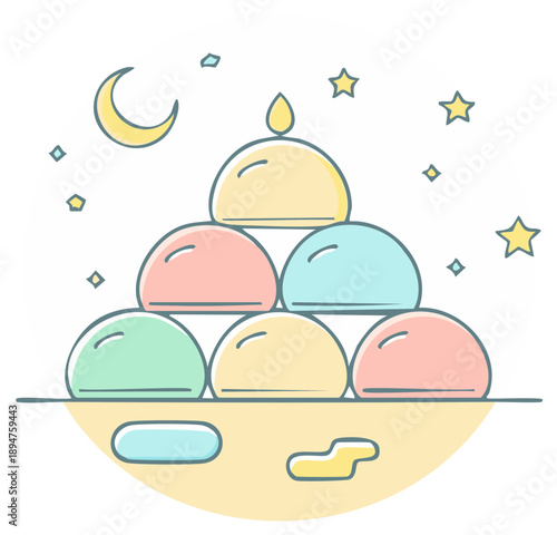 Stack of pastel colored mochi dessert with candle and moon in starry night sky