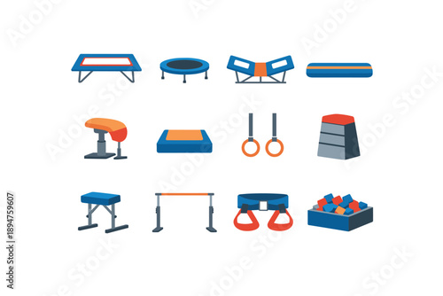 Collection of colorful gymnastics equipment icons on a white background